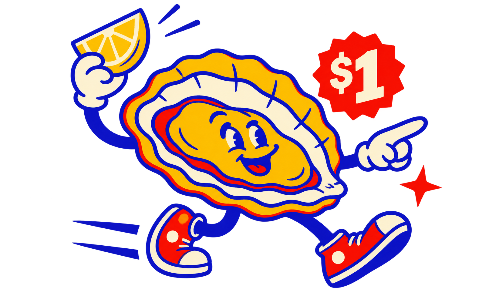 A smiling oyster mascot in red sneakers, holding a lemon wedge and pointing toward dollar oyster deals